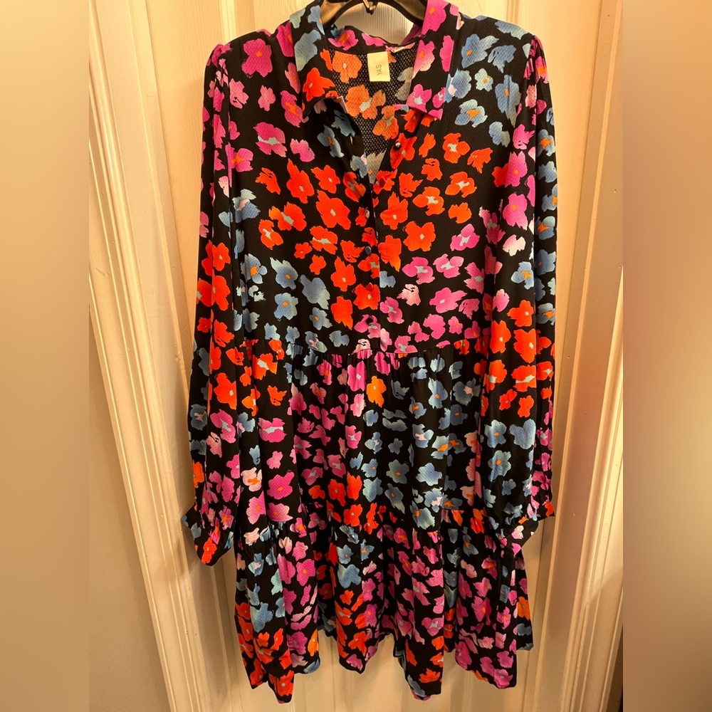 Y.A.S. Floral Print on Black Tired Dress Size XL